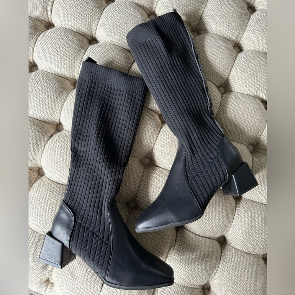 Black Stretchy Elastic Sock Knee-High Women's Block Heel Boots